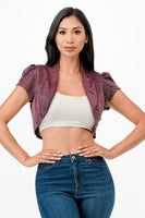 Sparkling Jacquard cropped shrug bolero with open front and cap sleeves