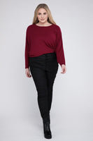 Plus Size Ribbed Batwing Long Sleeve Boat Neck Sweater