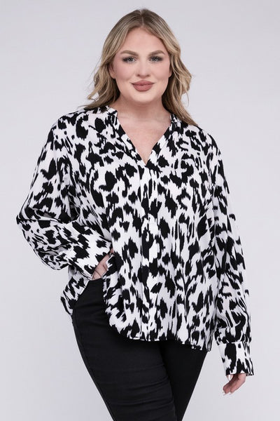 Plus Size Leopard Notched Neckline Blouse