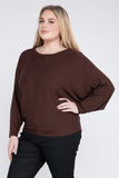 Plus Size Ribbed Batwing Long Sleeve Boat Neck Sweater