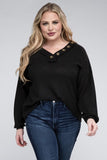 Plus Size Brushed Waffle V-Neck Button Detail Sweater