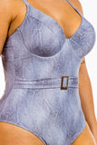 Plus Size One Piece Buckle Belt embellish Denim Swimsuit