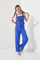 PLUS SIZE SLEEVELESS ADJUSTABLE STRAP BUTTON JUMPSUIT