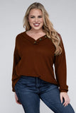 Plus Size Brushed Waffle V-Neck Button Detail Sweater