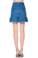 High Waisted A-line Ruffle Hem Denim Skirt