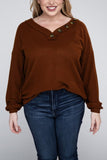 Plus Size Brushed Waffle V-Neck Button Detail Sweater