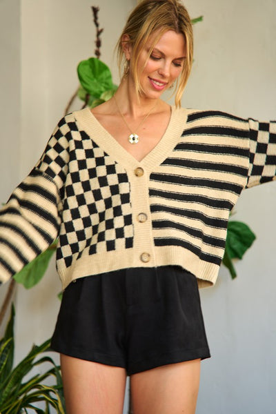 Contrast pattern sweater cardigan