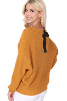 Waffle Stitch Bat Wing Bow Back Pullover  Sweater