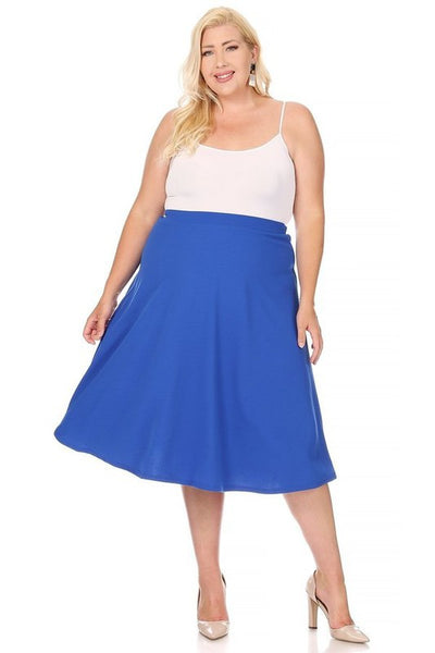 Solid high waisted, A-line, Plus Size midi skirt