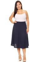 Solid high waisted, A-line, Plus Size midi skirt