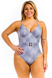 Plus Size One Piece Buckle Belt embellish Denim Swimsuit