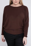 Plus Size Ribbed Batwing Long Sleeve Boat Neck Sweater