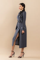 Leather Inserted Belted Trench Maxi Coat Dress