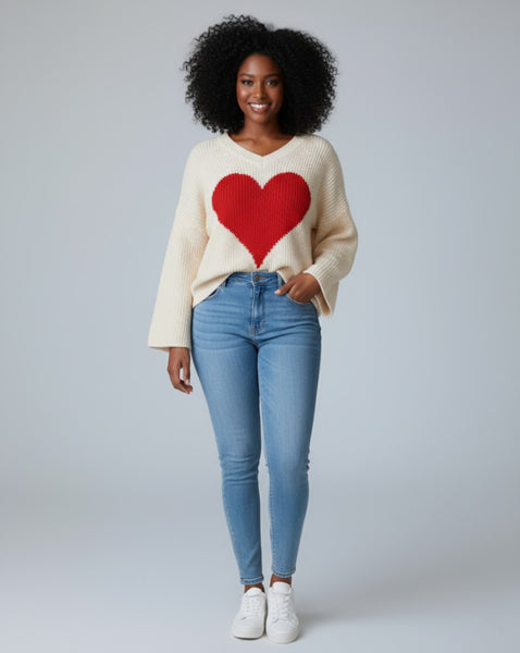 Women Cotton Khaki Beige cream Casual Heart Knit Sweater