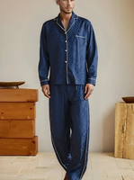 Unisex Navy Silky Button Front LongSleeves PJs Set