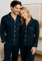 Unisex Navy Silky Button Front LongSleeves PJs Set