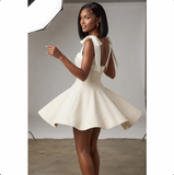 Square Neck Hide Zipper Tie Shoulder Dress