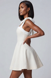 Square Neck Hide Zipper Tie Shoulder Dress