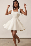 Square Neck Hide Zipper Tie Shoulder Dress