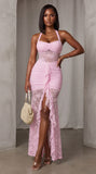 Halter Bodycon Lace Draped Ruched Dress