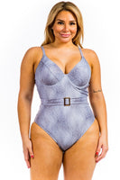 Plus Size One Piece Buckle Belt embellish Denim Swimsuit