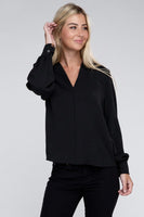 Woven Airflow V-Neck Long Sleeve Top