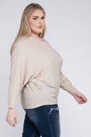 Plus Size Ribbed Batwing Long Sleeve Boat Neck Sweater