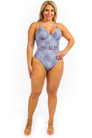 Plus Size One Piece Buckle Belt embellish Denim Swimsuit