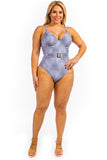 Plus Size One Piece Buckle Belt embellish Denim Swimsuit