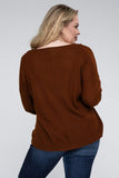 Plus Size Brushed Waffle V-Neck Button Detail Sweater