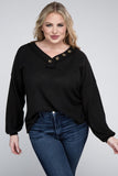 Plus Size Brushed Waffle V-Neck Button Detail Sweater