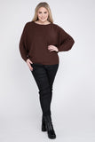 Plus Size Ribbed Batwing Long Sleeve Boat Neck Sweater