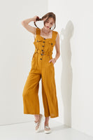 PLUS  SIZE SLEEVELESS SQUARE NECK BUTTON ANKLE JUMPSUIT