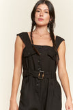 PLUS  SIZE SLEEVELESS SQUARE NECK BUTTON ANKLE JUMPSUIT