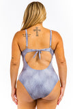 Plus Size One Piece Buckle Belt embellish Denim Swimsuit